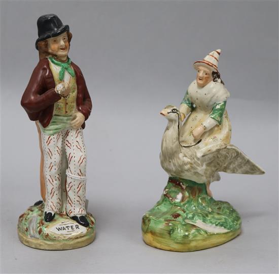 A Staffordshire double Gin and Water figure and another of a witch riding a goose